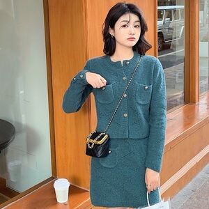 Chic Teal Two-Piece sweater Cardigan and Skirt Set size S